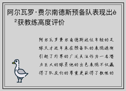 阿尔瓦罗·费尔南德斯预备队表现出色获教练高度评价