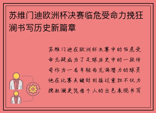 苏维门迪欧洲杯决赛临危受命力挽狂澜书写历史新篇章