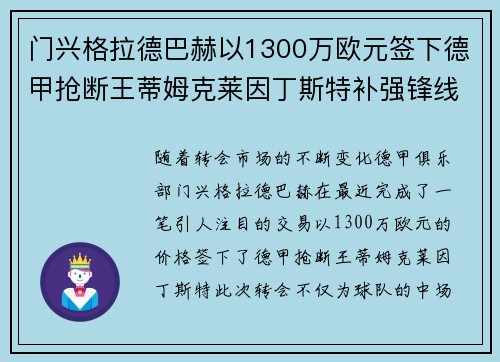 门兴格拉德巴赫以1300万欧元签下德甲抢断王蒂姆克莱因丁斯特补强锋线