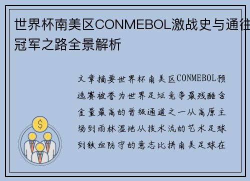 世界杯南美区CONMEBOL激战史与通往冠军之路全景解析